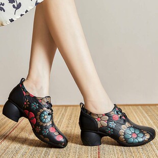 民族风全真皮印花女鞋中跟舒适妈妈鞋头层牛皮春秋单鞋复古女皮鞋