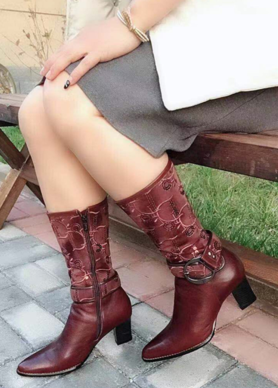 牛皮时装靴粗跟妈妈鞋