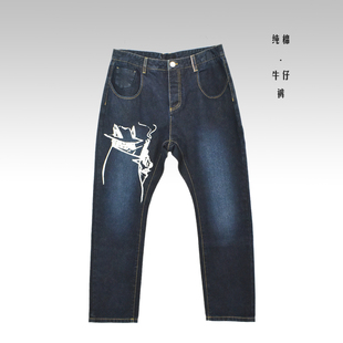 小众设计师品牌特卖 秋季 纯棉直筒牛仔裤 印花长裤 男 个性 男士