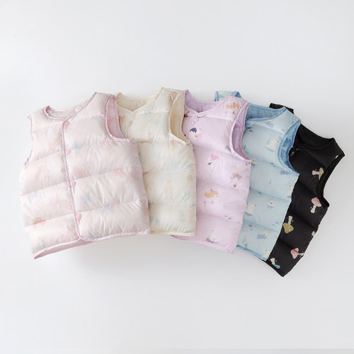 2025新款儿童羽绒背心男女宝宝秋冬保暖马甲90白鸭绒印花坎肩外穿
