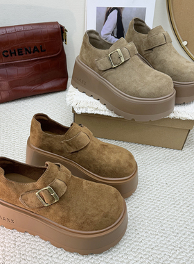 7CM小个子磨砂勃肯鞋女厚底2026春新款增高金属扣松糕鞋休闲单鞋