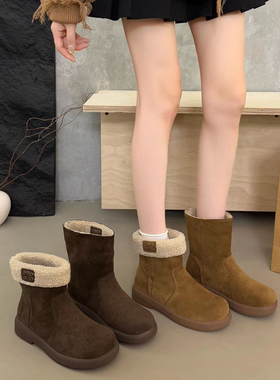 两穿雪地靴女2025冬季新款森女风平跟厚底保暖勃肯短靴加绒马丁靴
