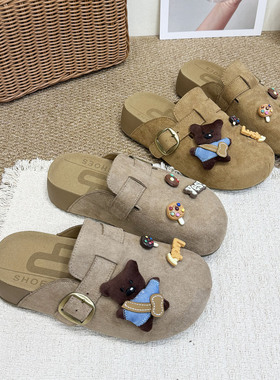 卡通小熊厚底勃肯鞋女2026春季新款懒人休闲丑萌包头半拖外穿单鞋