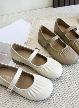 温柔风褶皱圆头玛丽珍鞋女2026新款一字带软皮低跟单鞋浅口小皮鞋