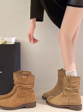 2025秋冬新款小众平底圆头马丁靴磨砂皮短筒时尚复古小短靴女单靴