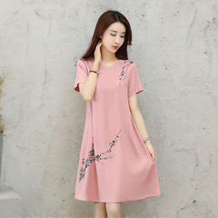 Loose fairy cotton and hemp college dress women's 2020 summer dress new style waistband shows thin temperament embroidered short sleeves