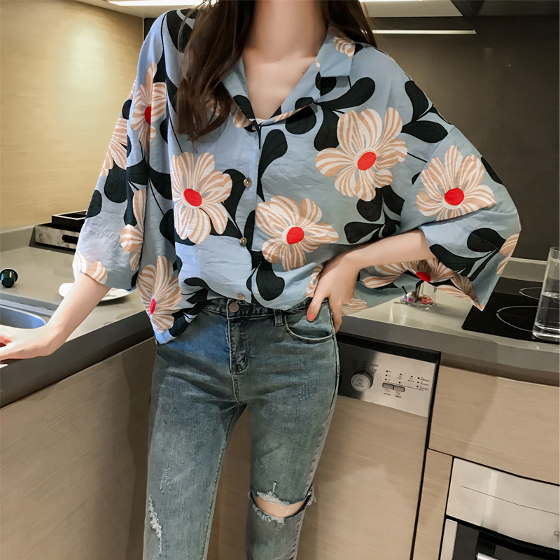 Summer new Han Fan thin yellow printed chiffon shirt top women's 5-sleeve floral sunscreen shirt