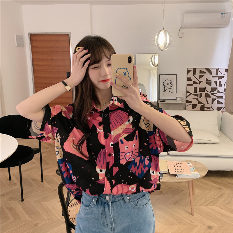 New summer Vintage cartoon print relaxed shirt