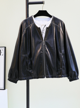 黑色圆领PU皮衣外套女2025春秋新韩版宽松休闲百搭夹克上衣