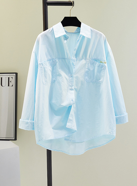 水蓝色双口袋字母刺绣衬衫女2025宽松叠穿休闲上衣牛纯棉衬衣外套