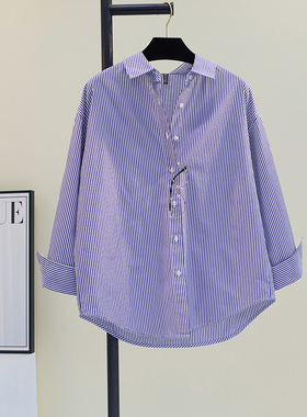 蓝色细条纹衬衫女2025春夏新宽松休闲百搭长袖衬衣外套上衣薄开衫