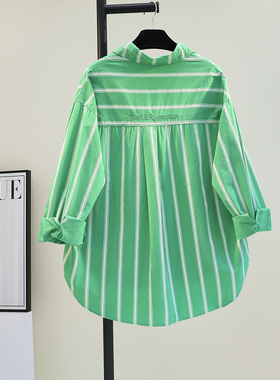 绿色条纹字母刺绣衬衫女2025春夏休闲开衫衬衣中长款防晒衣空调衫