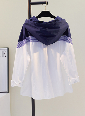 条纹拼接连帽藏蓝色衬衫女外套2025春夏新款宽松显瘦衬衣防晒上衣