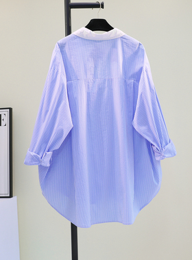 蓝色BF风中长款条纹衬衫女2025春秋新款韩版宽松休闲衬衣小众上衣