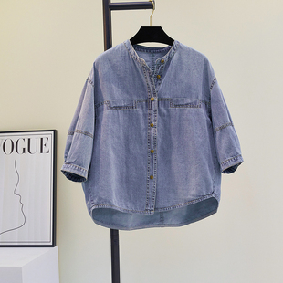 显瘦上衣娃娃衫 衬衣2025夏季 女宽松休闲半袖 圆领明线天丝牛仔衬衫