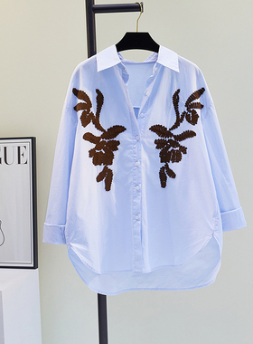 设计感刺绣蓝色衬衫女外套2025春夏新款宽松休闲衬衣文艺范上衣潮