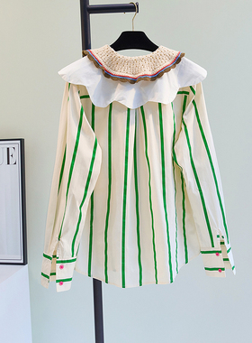 针织拼接娃娃领绿色条纹衬衫女2025春装新款宽松显瘦衬衣减龄上衣
