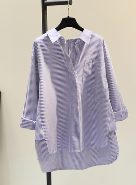蓝色竖条纹棉麻衬衫女2025秋新款韩版宽松休闲衬衣开叉上衣开衫潮
