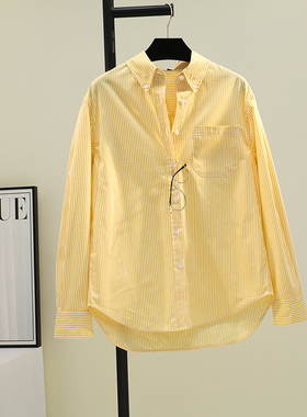 黄色条纹衬衫女棉衬衣2025春夏新时尚通勤修身基础单口袋上衣衬衣