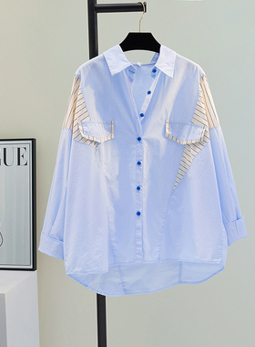条纹拼接蓝色假两件衬衫女外套2025春夏新款宽松显瘦减龄衬衣上衣
