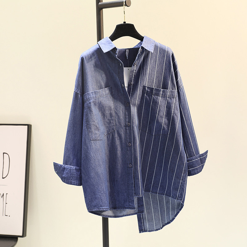 品质新款双口袋条纹拼接牛仔棉