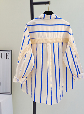 设计感蓝色条纹拼接衬衫女外套2025春夏韩版宽松减龄衬衣别致上衣