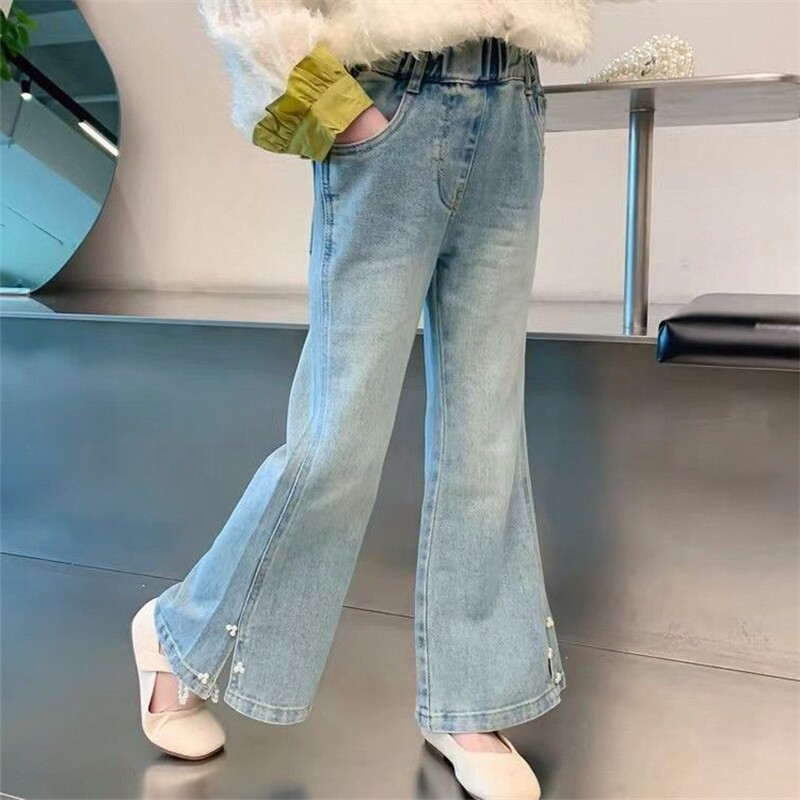 女童牛仔裤2026春秋新款儿童洋气时尚喇叭裤中大童开叉珍珠长裤潮图片