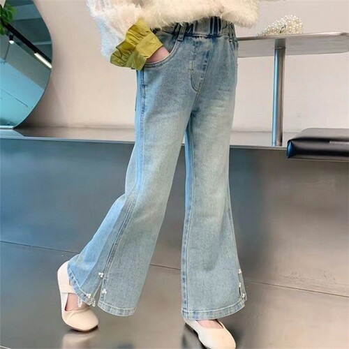 女童牛仔裤2026春秋新款儿童洋气时尚喇叭裤中大童开叉珍珠长裤潮
