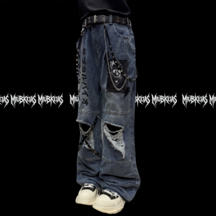 潮 男女朋克废土风街头宽松皱褶阔腿裤 Miub美式 复古做旧破洞牛仔裤