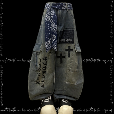 Miub日系弯刀复古贴布牛仔裤夏季