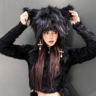 Miub街头朋克耳朵圆顶帽毛茸茸毛球帽摇滚辣妹Y2K亚比帽子秋冬女