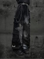 Miub American rock multi-pocket graffiti jeans for men and women, wasteland style, ink-wash street punk wide-leg cargo pants thumbnail 5