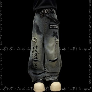 夏 男女中性泼墨贴布小众街头阔腿宽松长裤 Miub美式 破洞做旧牛仔裤