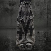 男女Y2k手绘涂鸦阔腿长裤 Miub美式 街头废土风泼墨毛边宽松牛仔裤