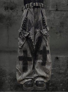 Miub美式街头废土风泼墨毛边宽松牛仔裤男女Y2k手绘涂鸦阔腿长裤