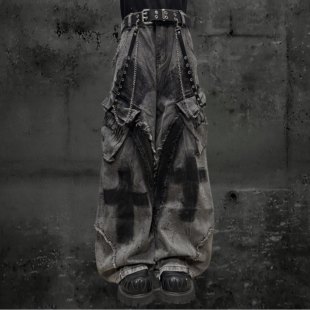 男女Y2k手绘涂鸦阔腿长裤 Miub美式 街头废土风泼墨毛边宽松牛仔裤