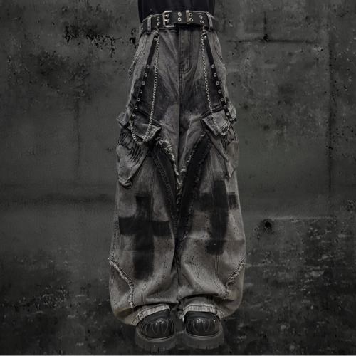 Miub街头废土毛边手绘宽松牛仔裤
