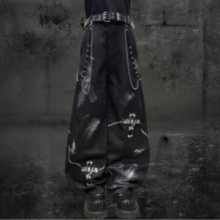 秋冬 中性y2k手绘涂鸦做旧阔腿裤 Miub美式 先锋街头泼墨宽松牛仔裤