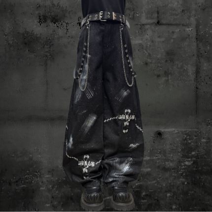 Miub美式先锋街头泼墨宽松牛仔裤中性y2k手绘涂鸦做旧阔腿裤秋冬