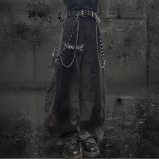 男女摇滚暗黑解构泼墨小众宽松弯刀裤 Miub美式 街头水洗渐变牛仔裤