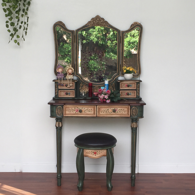 美式三扇镜子梳妆台地中海化妆台