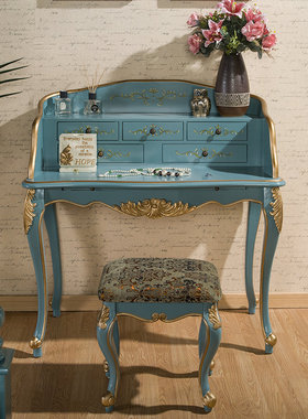 美式梳妆台小户型卧室家用多功能蓝色化妆书台地中海彩绘书桌0028