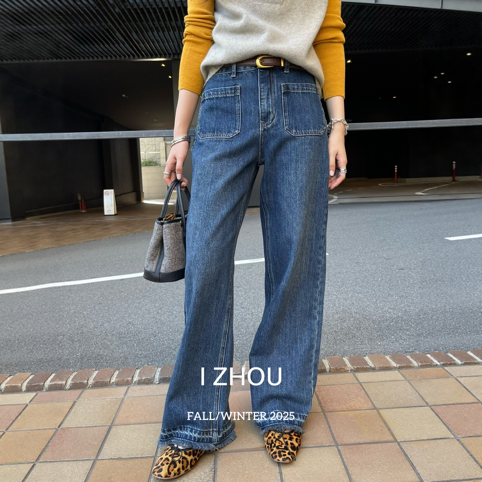 欧洲站2025冬季新款 设计师款小众复古百搭显瘦双口袋磨毛牛仔裤