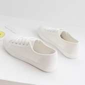 远步系带白色帆布鞋 百搭平底休闲白球鞋 女学生韩版 清新文艺小白鞋