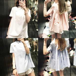 CHOCOOLATE 25夏新品 女装 卡通小标拼接百褶娃娃领短袖衬衫8542