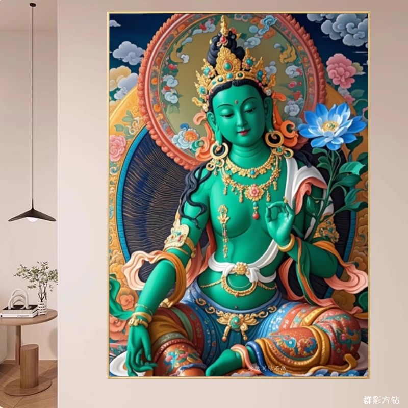 5d绿度母钻石画方钻满钻藏传佛像菩萨粘贴钻十字绣唐卡中堂砖石秀