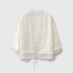 新款 真丝提花防晒外套女欧根纱拼接100桑蚕丝系带七分袖 V领罩衫