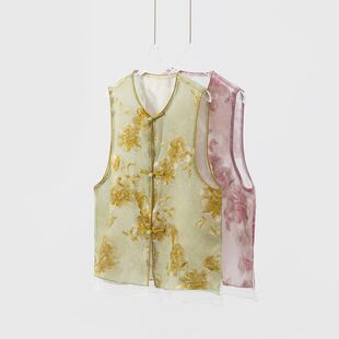 真丝绡双层马甲女100桑蚕丝欧根纱提花国风盘扣宽松背心夏新款