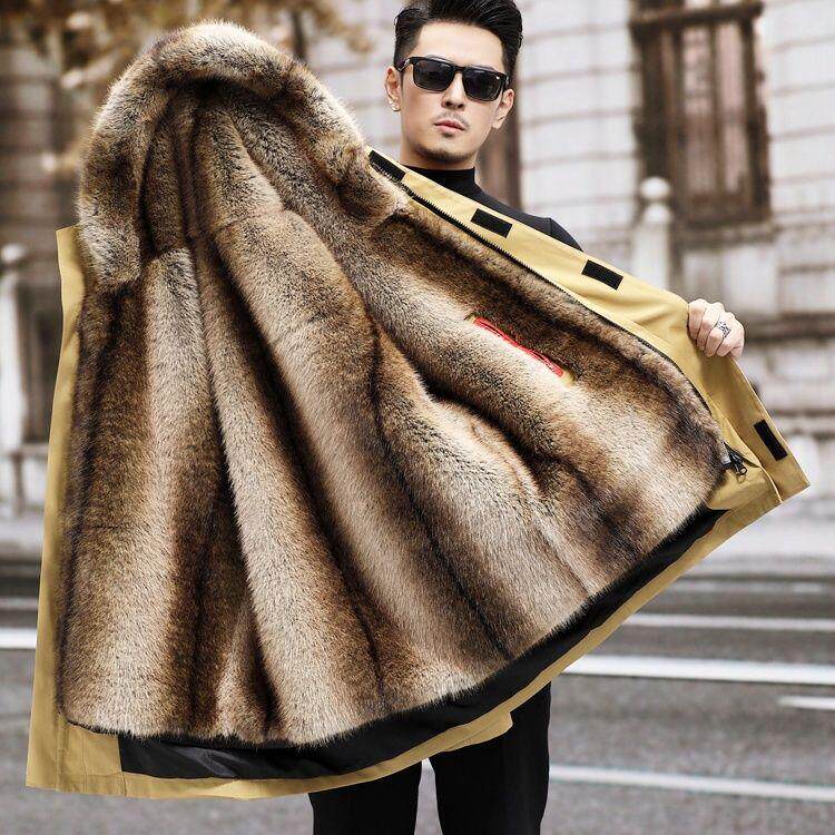 派克服男款冬季2025新款水貂内胆皮毛一体加厚中款獭兔毛皮草外套