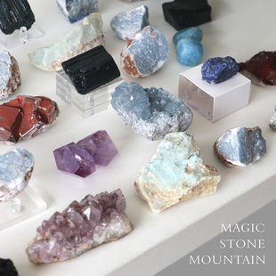 天然水晶矿标黑碧玺紫水晶黄水晶石榴石海蓝宝青金石天使石摆件